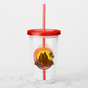 Badge with tropical volcano scenery and palm trees acrylic tumbler