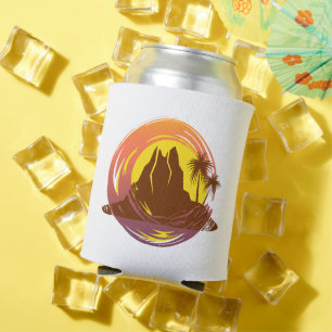 Badge with tropical volcano scenery and palm trees can cooler