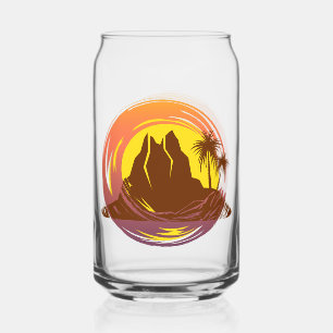 Badge with tropical volcano scenery and palm trees can glass