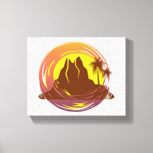 Badge with tropical volcano scenery and palm trees canvas print