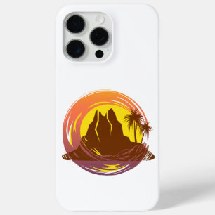 Badge with tropical volcano scenery and palm trees iPhone 15 pro max case
