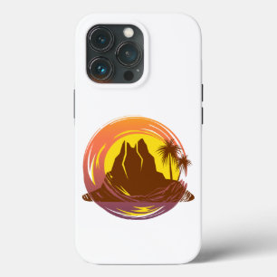 Badge with tropical volcano scenery and palm trees iPhone 13 pro case