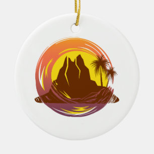 Badge with tropical volcano scenery and palm trees ceramic tree decoration