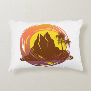 Badge with tropical volcano scenery and palm trees decorative cushion