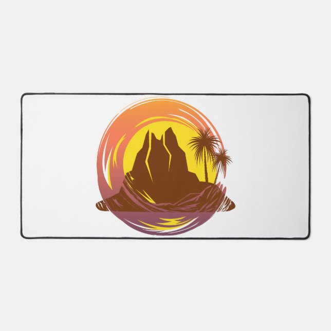 Badge with tropical volcano scenery and palm trees desk mat (Front)