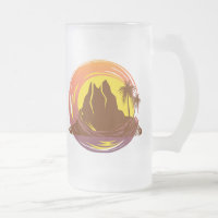 Badge with tropical volcano scenery and palm trees