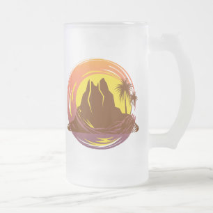 Badge with tropical volcano scenery and palm trees frosted glass beer mug