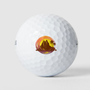 Badge with tropical volcano scenery and palm trees golf balls