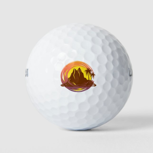 Badge with tropical volcano scenery and palm trees golf balls (Front)