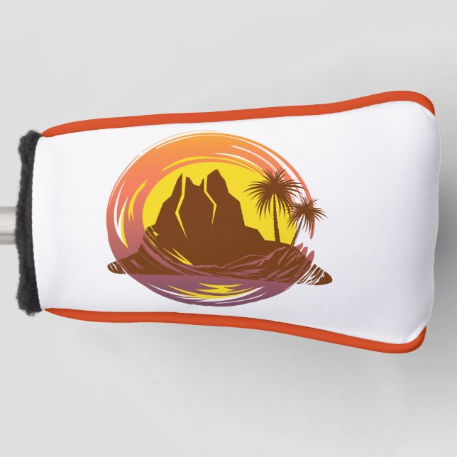 Badge with tropical volcano scenery and palm trees golf head cover (Front)