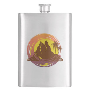 Badge with tropical volcano scenery and palm trees hip flask