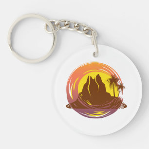 Badge with tropical volcano scenery and palm trees key ring