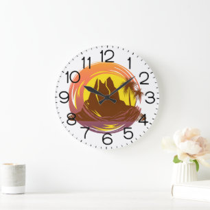 Badge with tropical volcano scenery and palm trees large clock