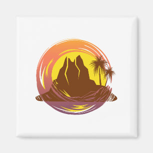 Badge with tropical volcano scenery and palm trees magnet