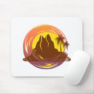 Badge with tropical volcano scenery and palm trees mouse mat