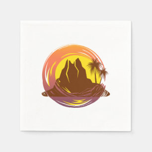 Badge with tropical volcano scenery and palm trees napkin