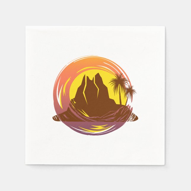 Badge with tropical volcano scenery and palm trees napkin (Front)