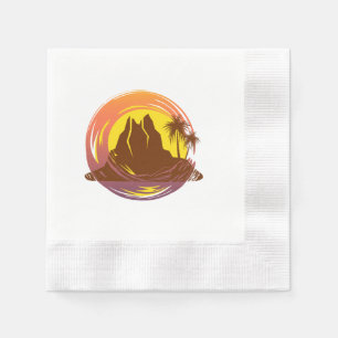 Badge with tropical volcano scenery and palm trees napkin