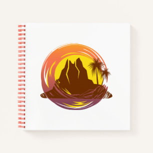 Badge with tropical volcano scenery and palm trees notebook