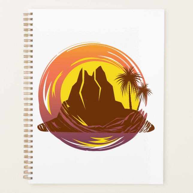 Badge with tropical volcano scenery and palm trees planner (Front)