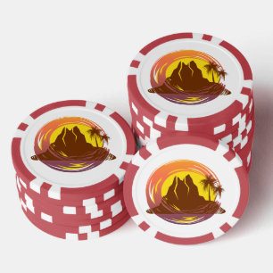 Badge with tropical volcano scenery and palm trees poker chips