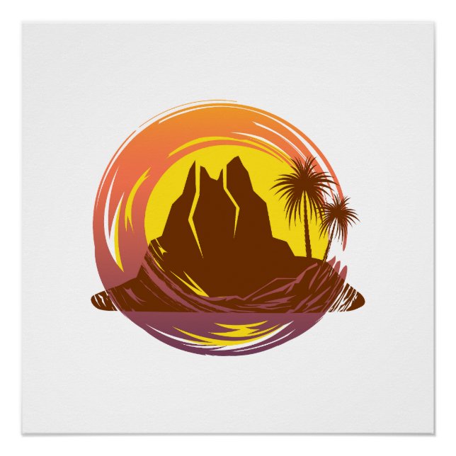 Badge with tropical volcano scenery and palm trees poster (Front)