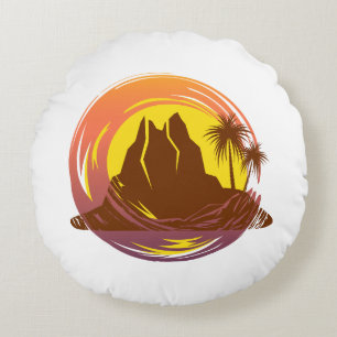 Badge with tropical volcano scenery and palm trees round cushion