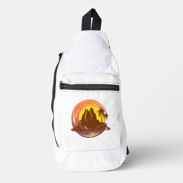 Badge with tropical volcano scenery and palm trees sling bag (Front)