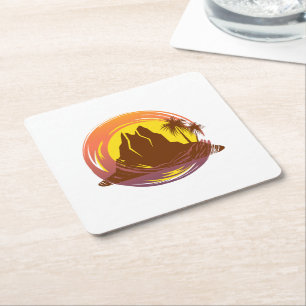 Badge with tropical volcano scenery and palm trees square paper coaster