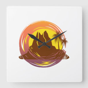 Badge with tropical volcano scenery and palm trees square wall clock