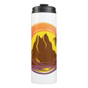 Badge with tropical volcano scenery and palm trees thermal tumbler