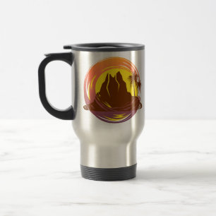 Badge with tropical volcano scenery and palm trees travel mug