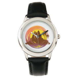 Badge with tropical volcano scenery and palm trees watch