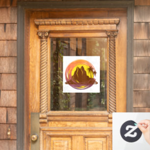 Badge with tropical volcano scenery and palm trees window cling