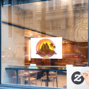Badge with tropical volcano scenery and palm trees window cling