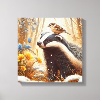 Badger and Sparrow Nature Wildlife Rustic Canvas Print