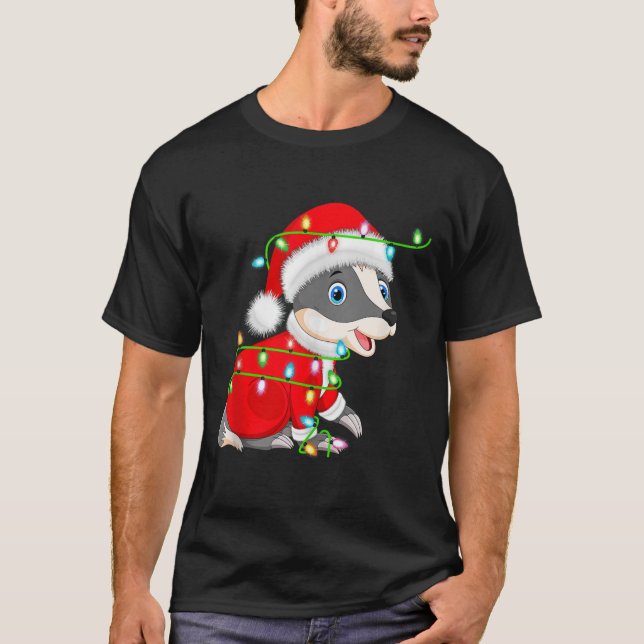 Badger Christmas Lights Santa Costume Cute Animal  T-Shirt (Front)