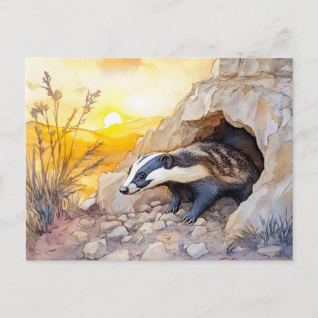Badger emerging from a burrow at sunrise watercolo postcard (Front)