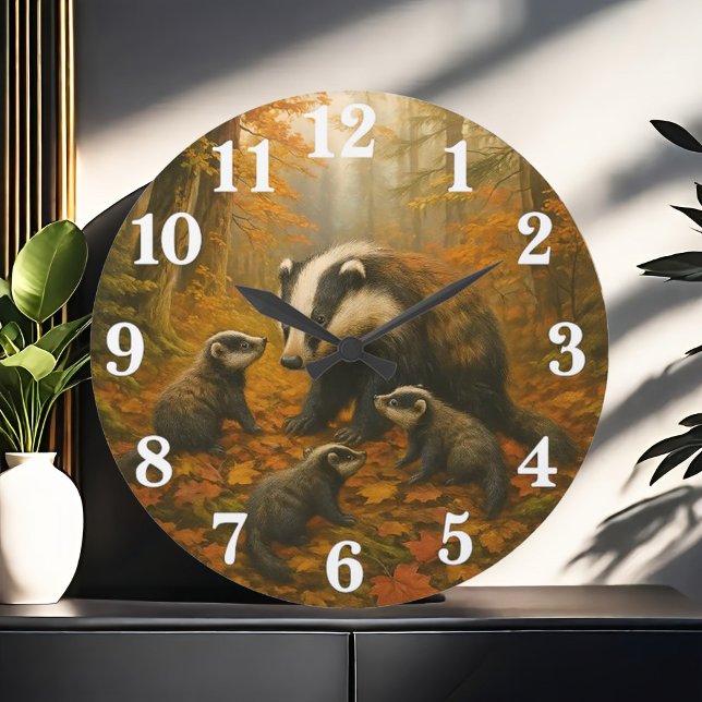 Badger family in autumn woods large clock (Creator Uploaded)