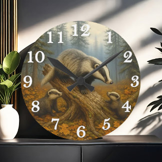 Badger family in misty woods round clock