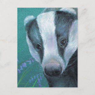 'Badger in the bluebell woods' postcard