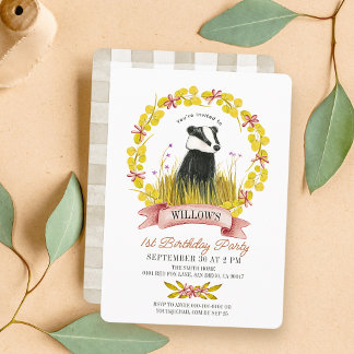 Badger Leaf Wreath Fall/Autumn 1st Birthday Invitation