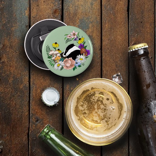 Badger Wild flowers Mushrooms Green Bottle Opener (Creator Uploaded)
