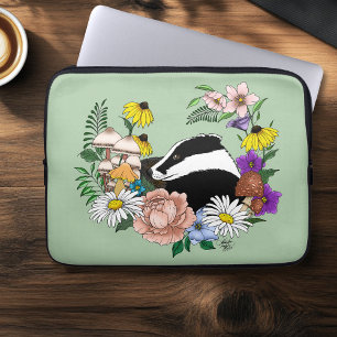 Badger Wild Flowers Mushrooms Green Laptop Sleeve