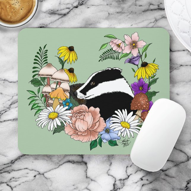 Badger Wild Flowers Mushrooms Green Mouse Mat (Creator Uploaded)