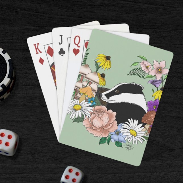 Badger Wild Flowers Mushrooms Green Playing Cards (Creator Uploaded)
