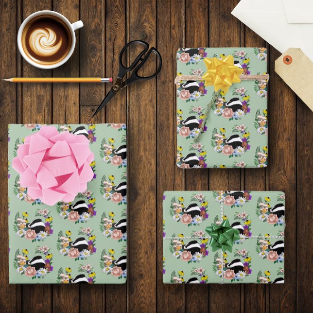 Badger Wild Flowers Mushrooms Green Wrapping Paper Sheet (Creator Uploaded)