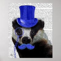 Badger with Blue Top Hat and Moustache
