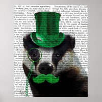 Badger with Green Top Hat and Mustache