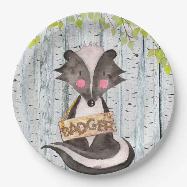 Badger- Woodland Friends - Watercolor illustration Paper Plate (Front)